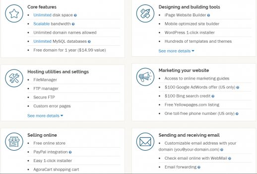 ipage shared hosting features screenshot web hosting